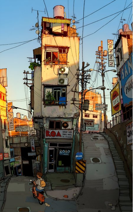 城市街巷老楼斜坡电线交错暖金插画创意手机壁纸