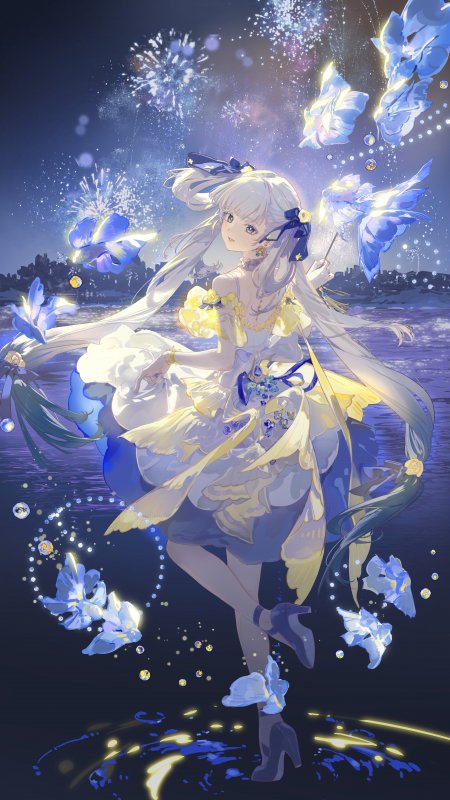 初音未来蓝白烟花夜景少女动漫手机壁纸