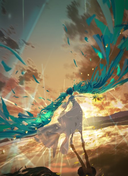 初音未来蓝发飞扬手持向日葵夕阳逆光动漫手机壁纸
