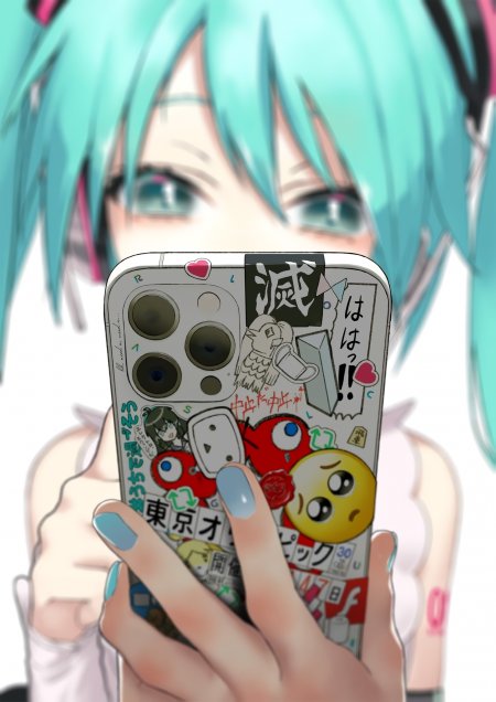 初音未来蓝发少女手持贴纸手机特写粉蓝动漫手机壁纸