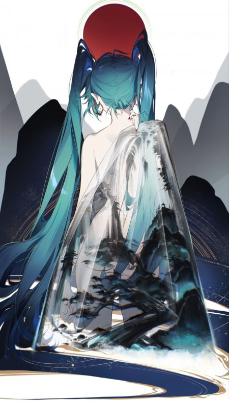 初音未来蓝发双马尾背影水墨山水意境青蓝古风动漫手机壁纸