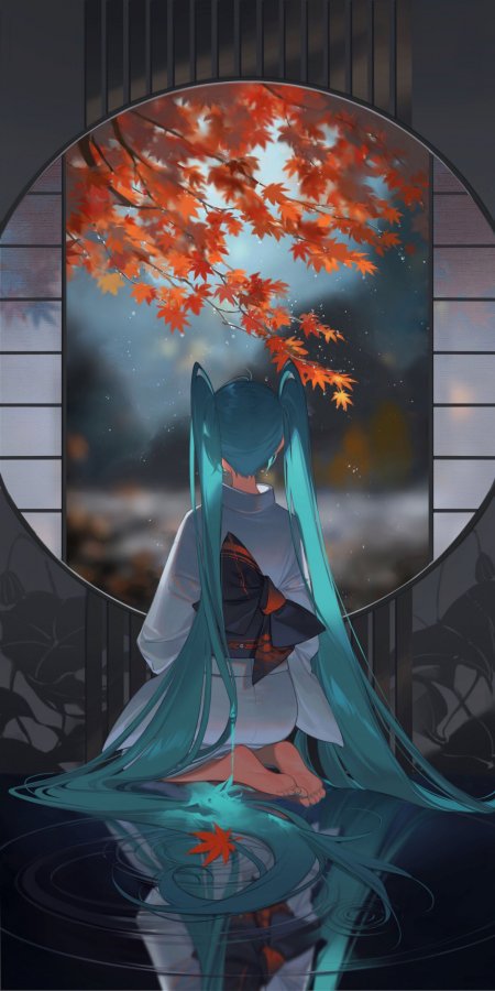 初音未来蓝发双马尾和服坐姿秋枫映窗暗蓝唯美动漫手机壁纸