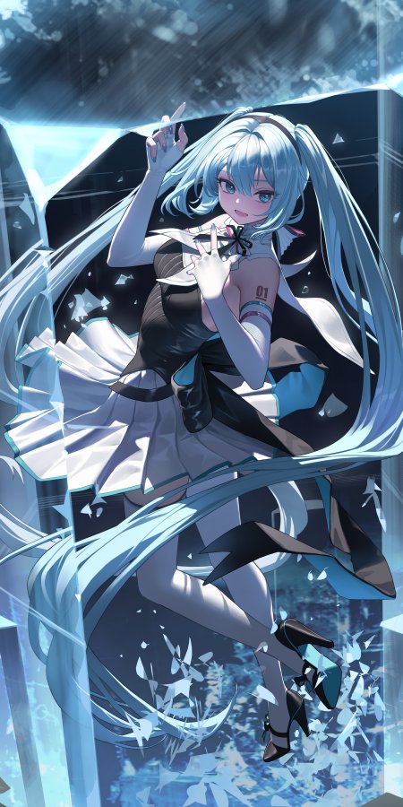 初音未来蓝发双马尾破冰姿态蓝白动漫手机壁纸
