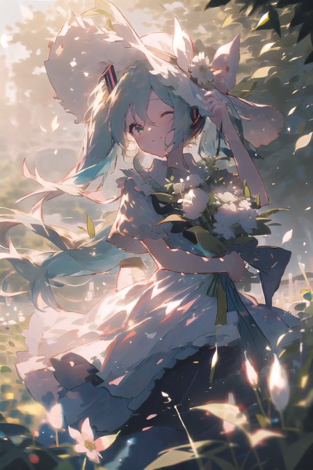 初音未来蓝发双马尾手持花束微笑粉白光晕动漫手机壁纸