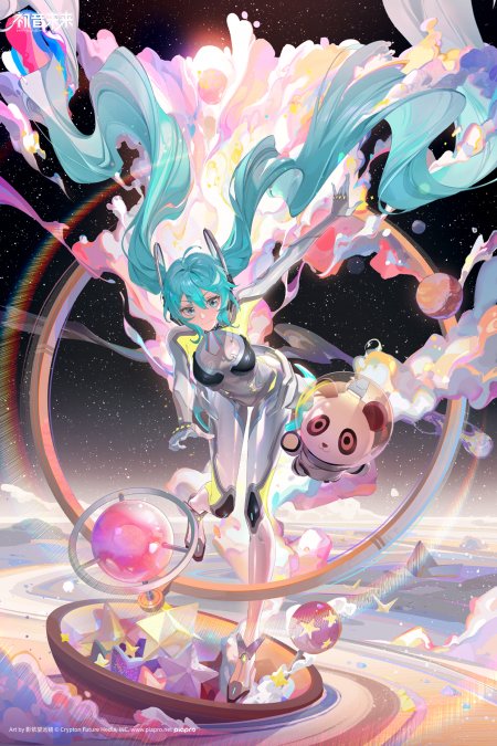 初音未来蓝发双马尾宇宙星云环绕粉紫梦幻动漫手机壁纸