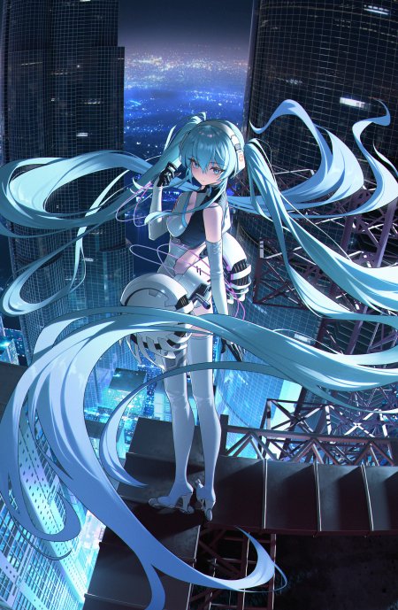 初音未来蓝发双马尾夜景都市赛博风蓝紫动漫手机壁纸