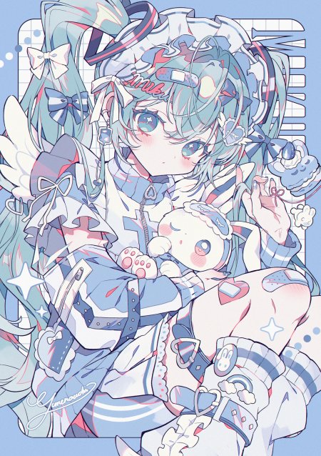 初音未来蓝绿双马尾少女抱玩偶粉蓝梦幻动漫手机壁纸