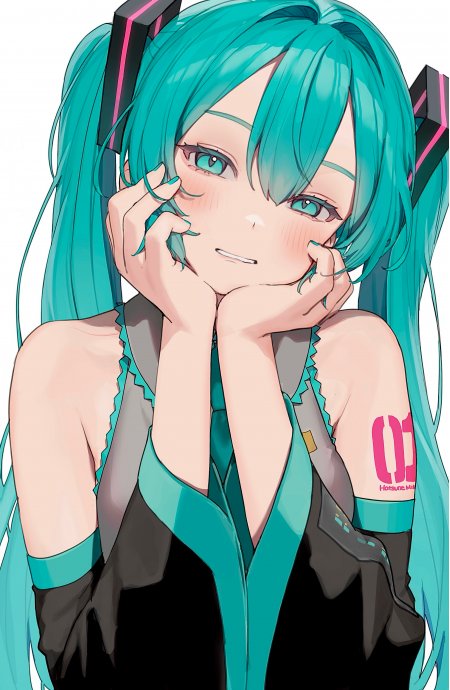 初音未来青发双马尾托腮微笑蓝绿粉动漫手机壁纸