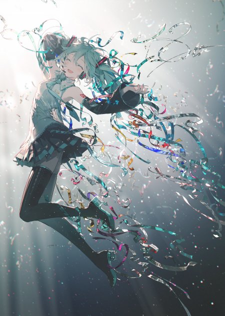 初音未来青发双马尾跃动彩带飘舞蓝银色调动漫手机壁纸