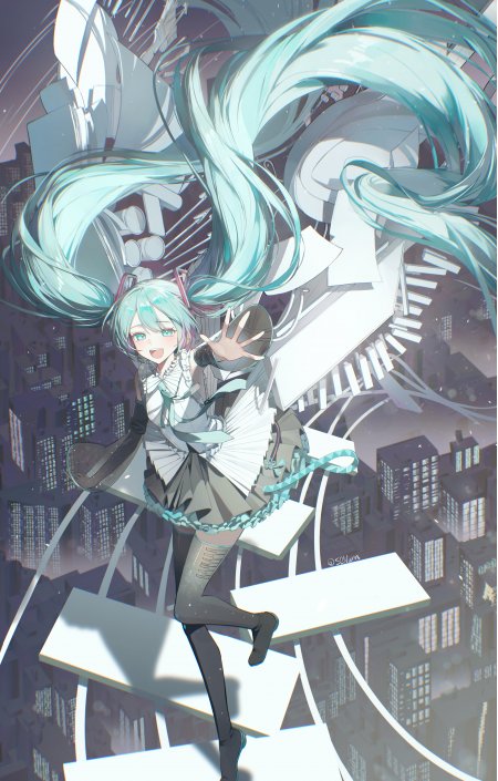 初音未来青发双马尾跃动城市夜景蓝紫动漫手机壁纸