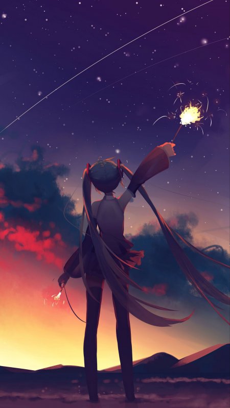 初音未来双马尾少女手持烟花仰望星轨紫橙渐变动漫手机壁纸