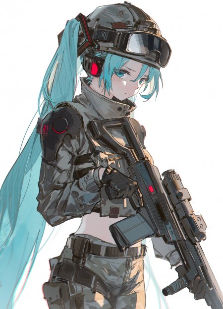 初音未来战术武装蓝发少女灰黑红配色动漫手机壁纸
