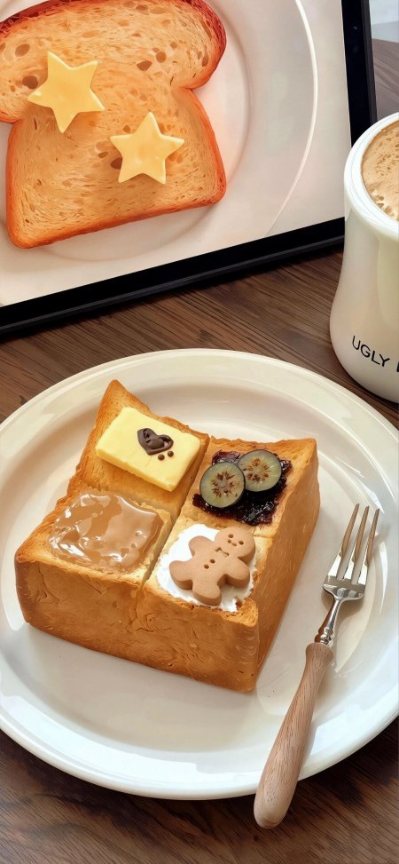 创意吐司四格拼盘黄褐暖调美食甜品手机壁纸