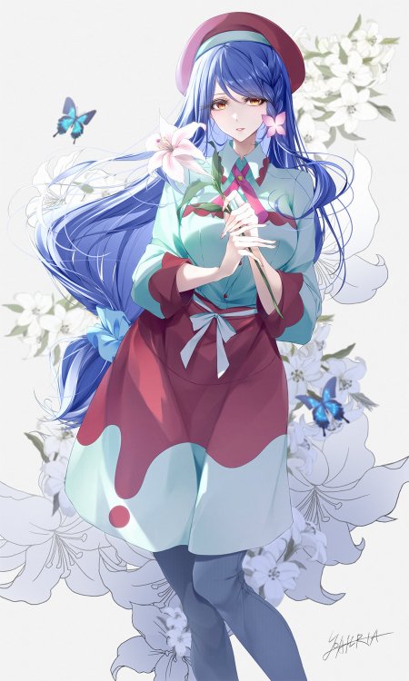 东方比那名居天子蓝发少女持百合花粉紫唯美动漫手机壁纸
