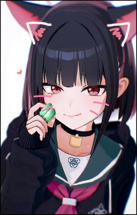 动漫角色黑发红瞳猫耳少女手持马卡龙粉白萌系动漫手机壁纸