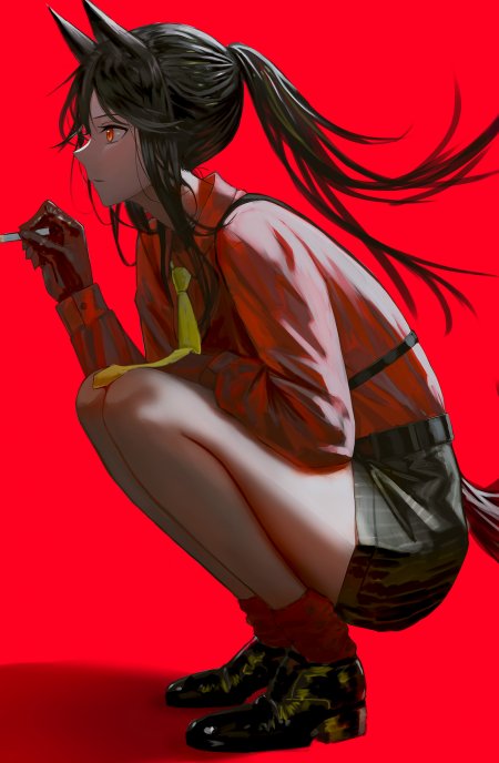 动漫角色黑发猫耳少女蹲姿持烟红背景暗红动漫手机壁纸