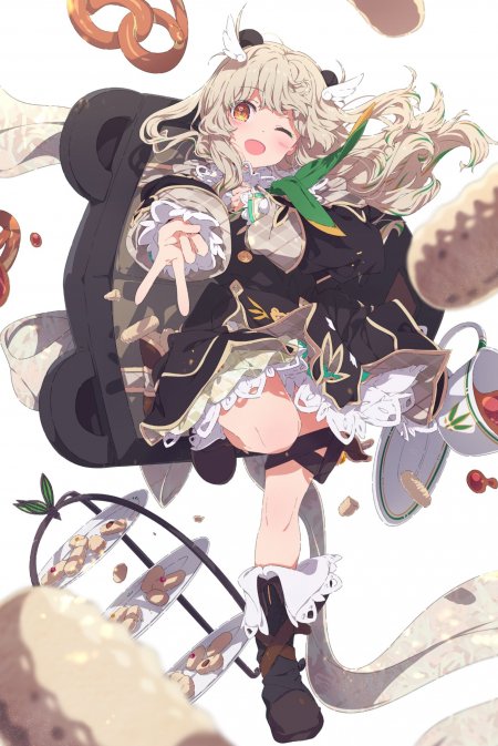 动漫角色金发少女举手甜点飞溅粉绿奇幻风格手机壁纸