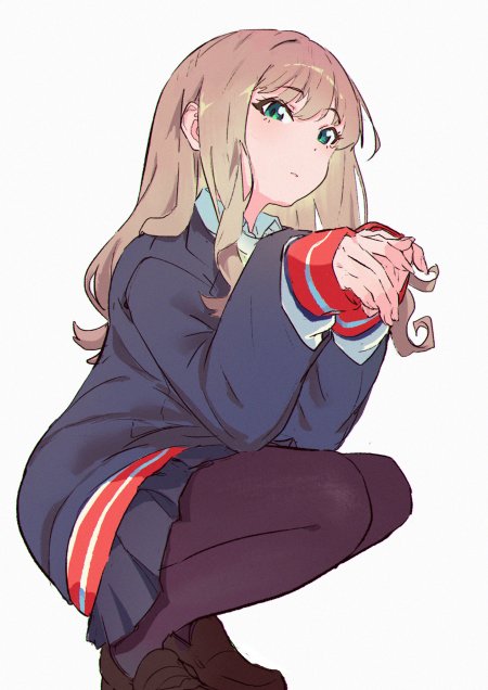 动漫角色浅棕长发绿眼少女蹲姿校服蓝红配色动漫手机壁纸
