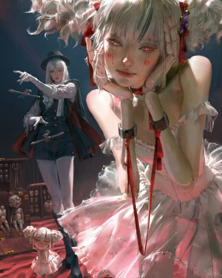 动漫角色双马尾少女红瞳泪痕粉白梦幻插画手机壁纸