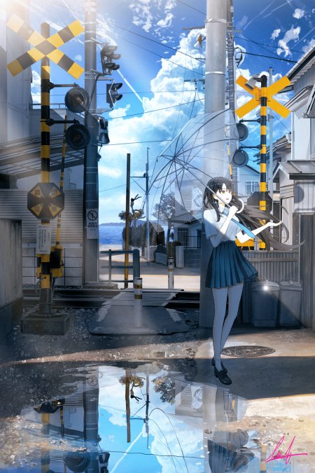 动漫少女撑透明伞雨后街景蓝白清新动漫手机壁纸