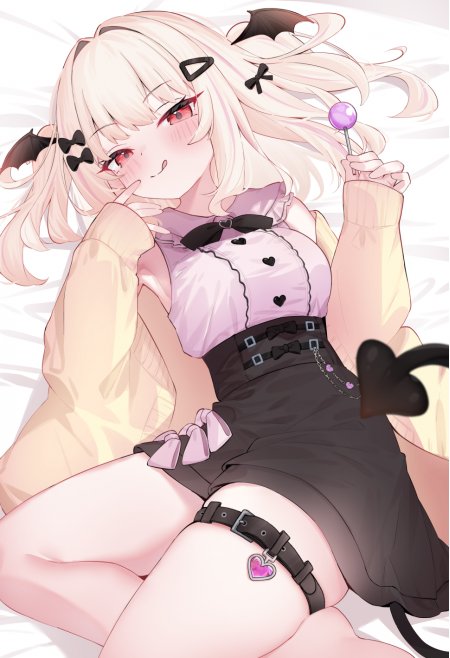 动漫少女粉发红瞳恶魔角手持棒棒糖粉紫甜美风格动漫手机壁纸