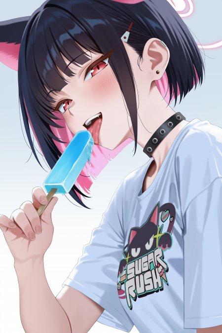 动漫少女黑发红瞳舔冰棒粉蓝渐变动漫手机壁纸