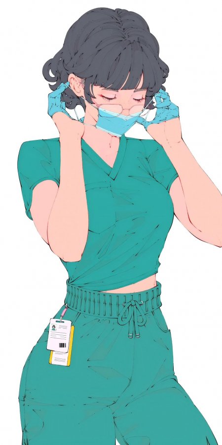 动漫少女护士戴口罩穿绿制服蓝白清新动漫手机壁纸