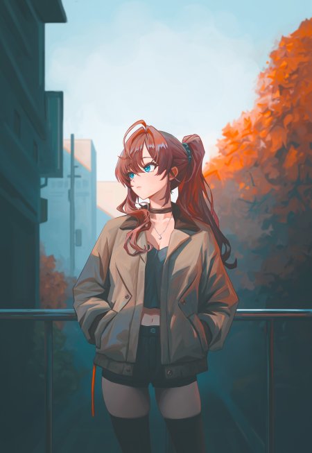 动漫少女红发蓝眼秋日街景暖橙唯美手机壁纸