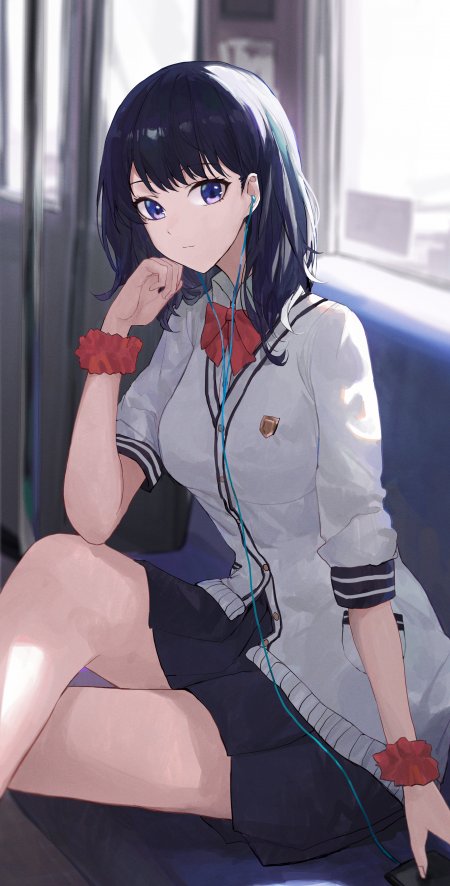 动漫少女蓝紫长发红领结校服坐姿浅蓝光影动漫手机壁纸
