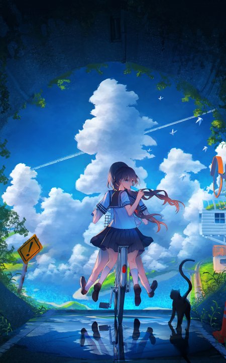 动漫少女双人骑单车蓝天白云梦幻蓝白动漫手机壁纸