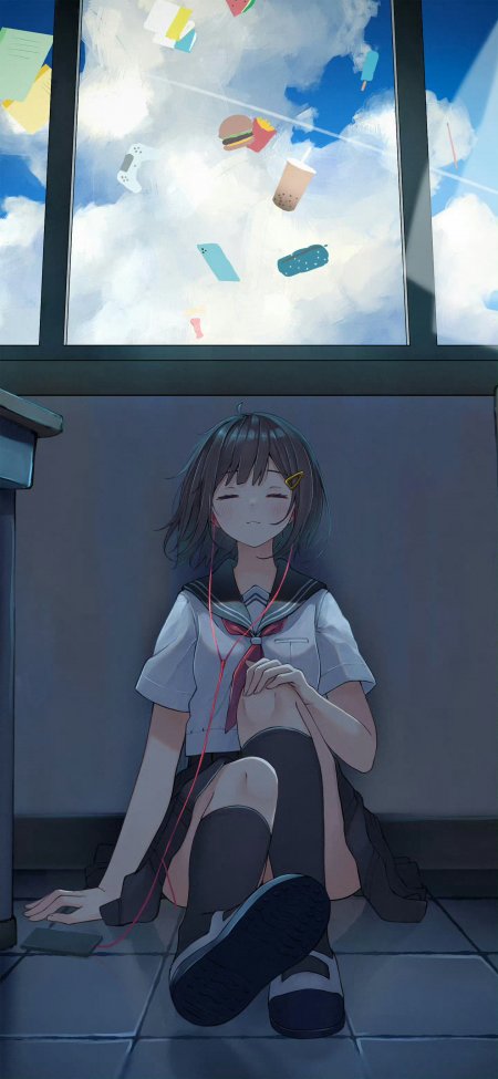 动漫少女水手服闭眼微笑窗边漂浮零食蓝白梦幻动漫手机壁纸