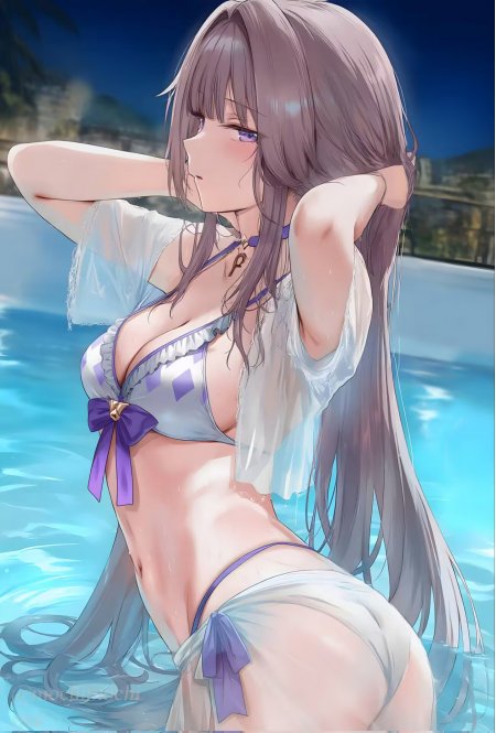动漫少女泳池湿发紫眸蓝白唯美动漫手机壁纸