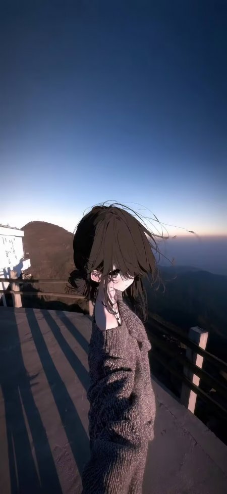 动漫少女长发毛衣山巅黄昏蓝紫手机壁纸