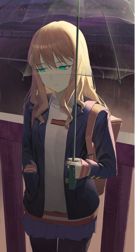 动漫少女雨中撑透明伞紫夜背景蓝绿瞳色唯美插画手机壁纸