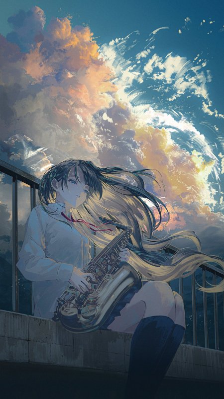 动漫少女长发飘扬手持萨克斯风蓝橙渐变天空背景唯美插画手机壁纸