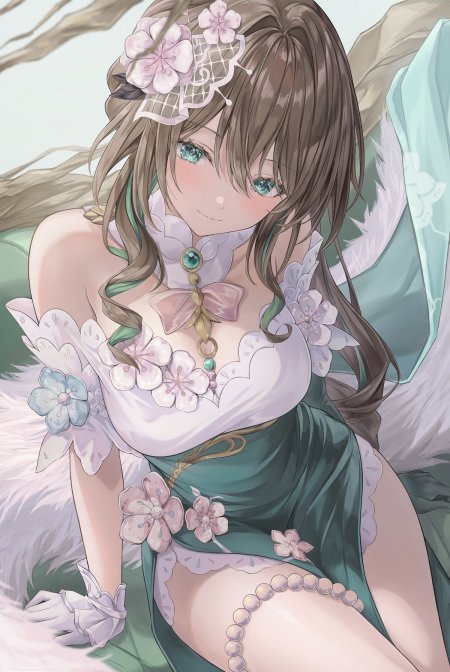 动漫少女棕发绿眸樱花装饰粉白绿配色唯美动漫手机壁纸