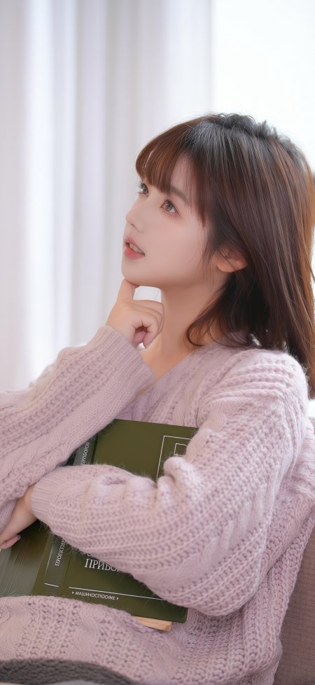 短发齐刘海少女穿粉紫毛衣托腮看书暖柔人物摄影手机壁纸