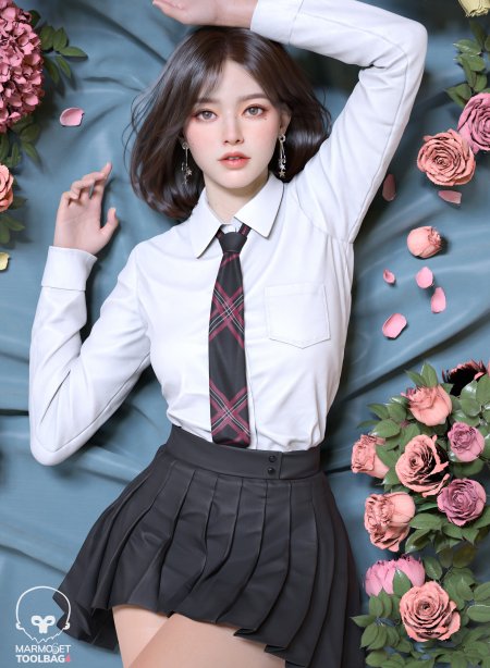 短发少女白衬衫黑裙格纹领带蓝底粉玫瑰背景暖柔人物摄影手机壁纸