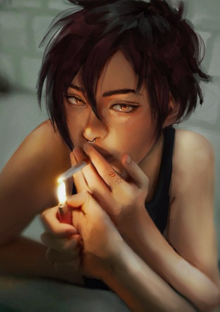 短发少女叼烟点火暖棕动漫手机壁纸