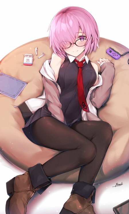 粉发戴眼镜少女黑裙红领带慵懒坐姿粉紫动漫手机壁纸