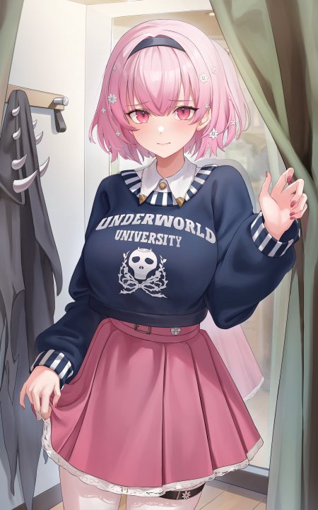 粉发红瞳少女穿卫衣与粉裙动漫手机壁纸