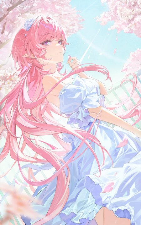 粉发精灵少女樱花树下微笑蓝白唯美动漫手机壁纸