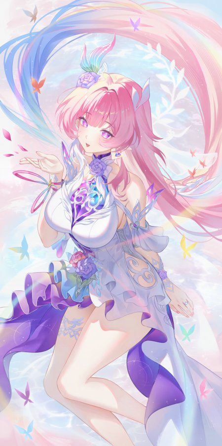 粉发蓝粉渐变长发少女蝴蝶动漫手机壁纸