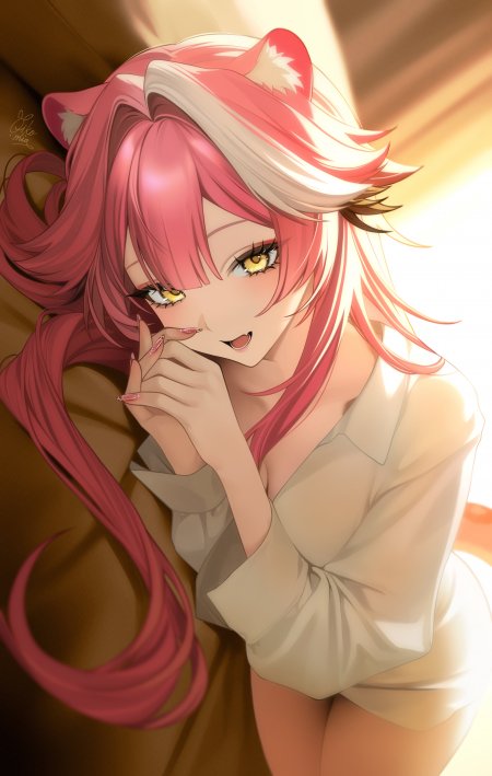 粉发猫耳少女金瞳微笑暖光动漫手机壁纸