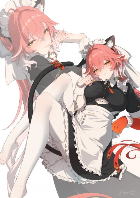 粉发猫耳双少女女仆装互动动漫手机壁纸