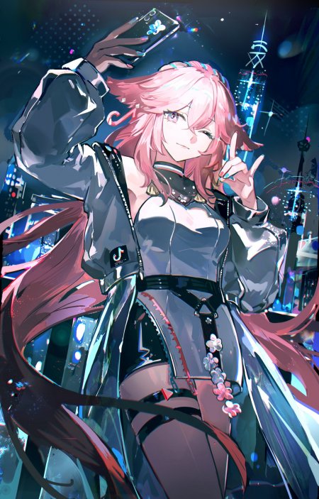 粉发少女都市霓虹夜景自拍动漫手机壁纸