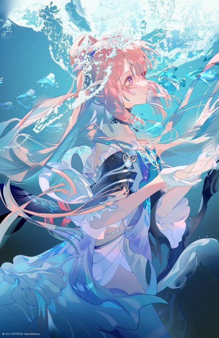 粉发少女水下浮游蓝白梦幻动漫手机壁纸