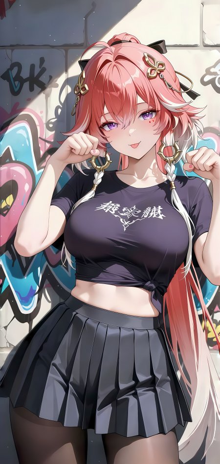 粉发少女涂鸦墙前可爱姿势动漫手机壁纸