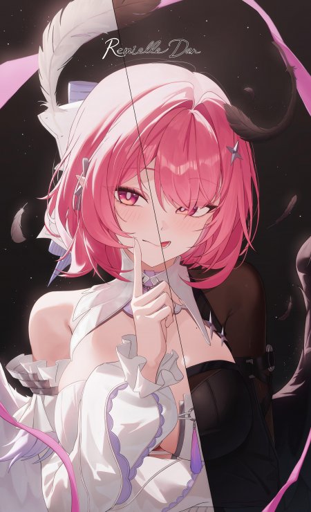 粉发少女指尖轻触唇边暗紫星空动漫手机壁纸