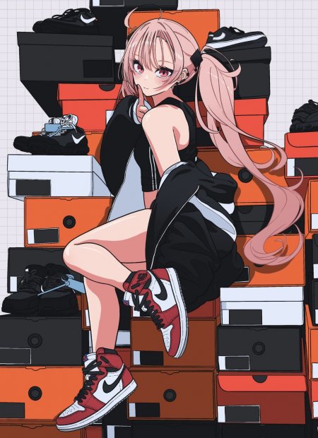 粉发双马尾少女坐鞋盒堆中红白球鞋黑衣动漫手机壁纸
